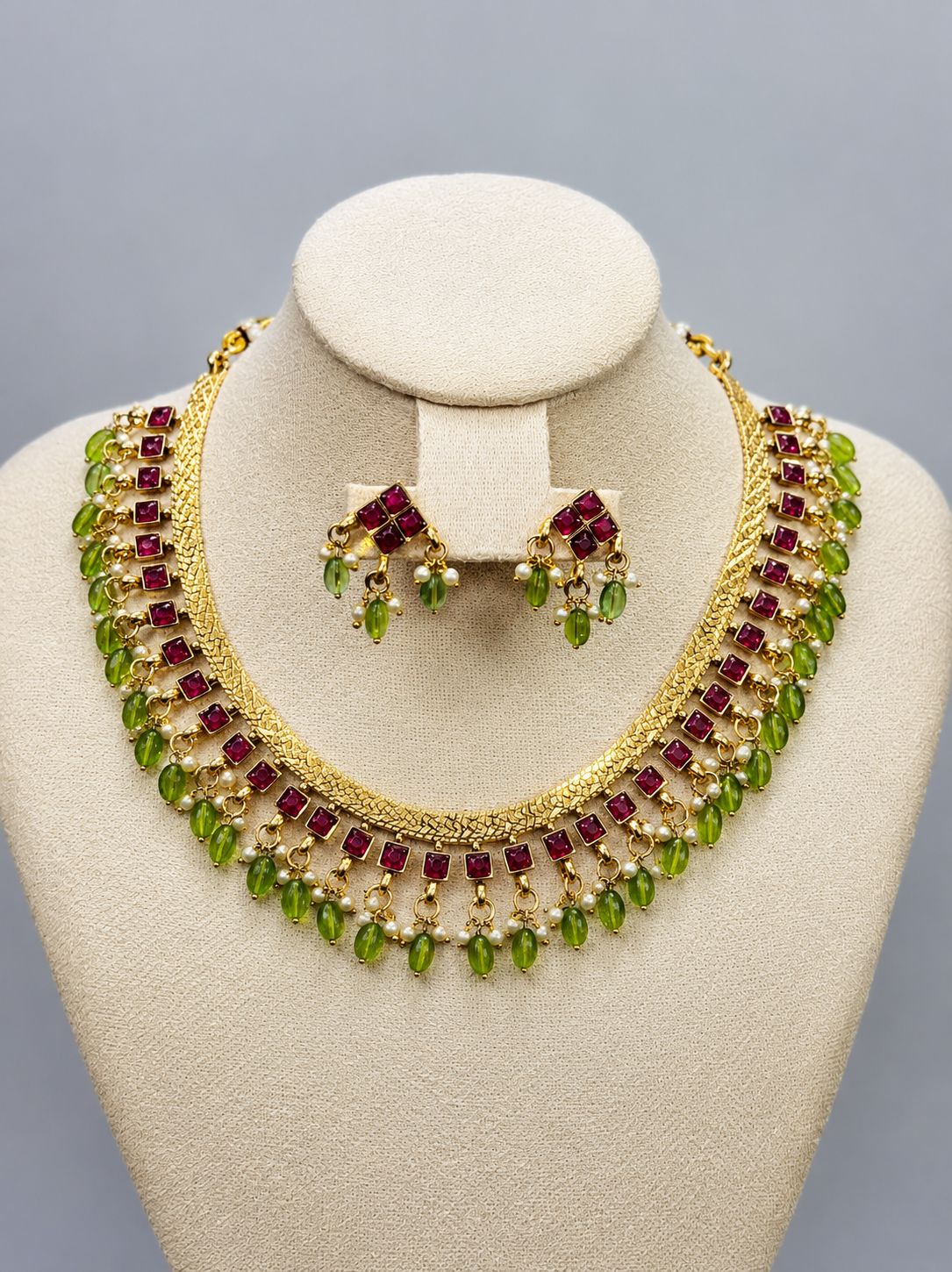 Pink and Green AD Stone Necklace With pearl detailing -KJ- GP085