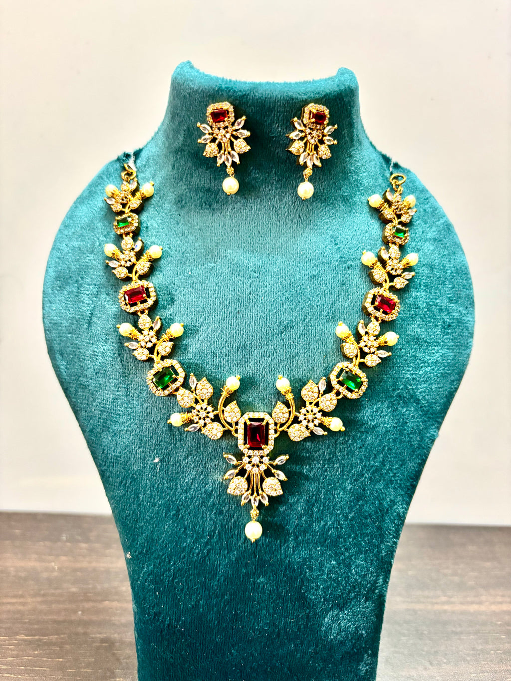 CZ stone Multi colour AD stone necklace with Pearl detailing-KJ- GP143
