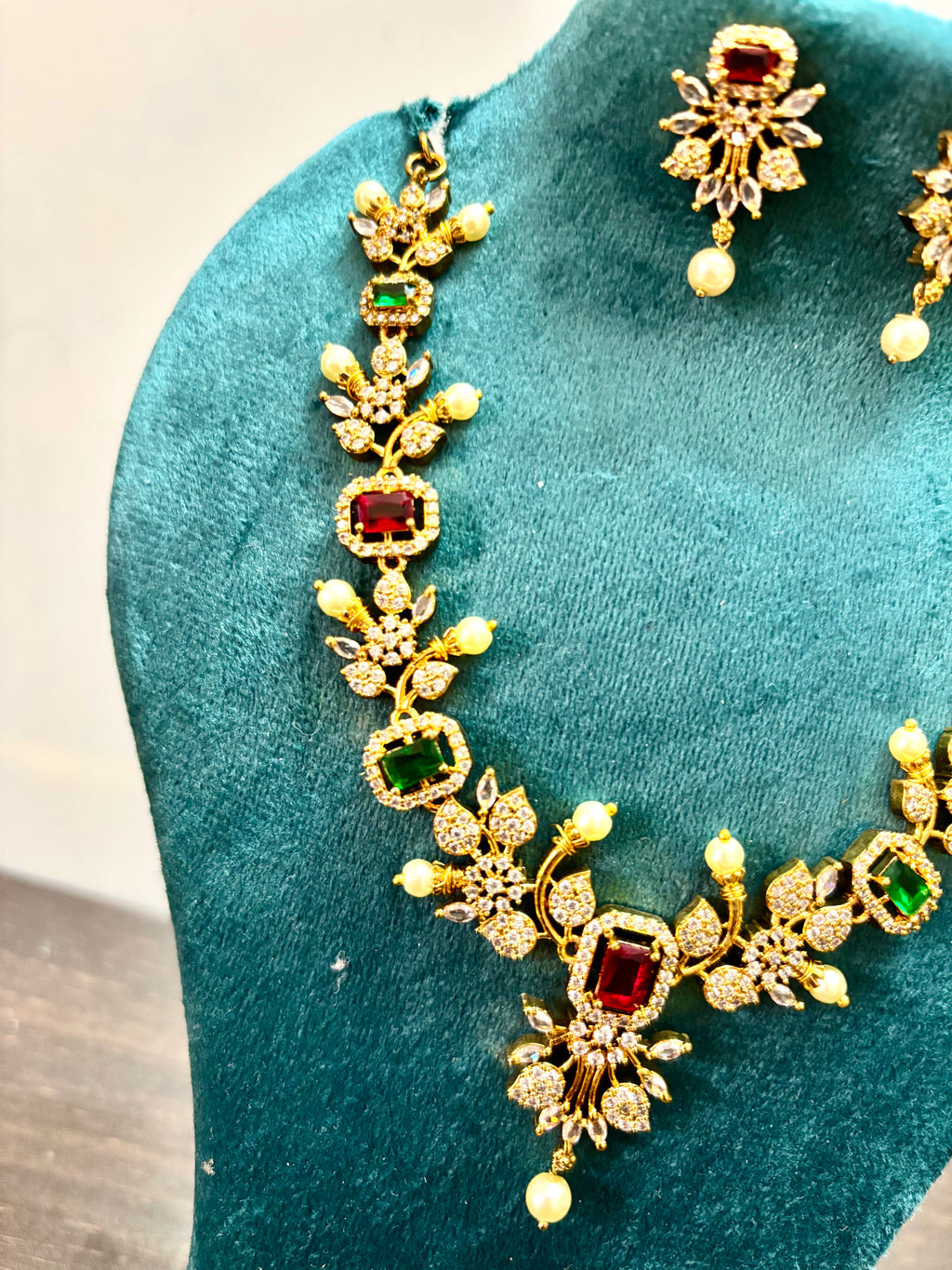 CZ stone Multi colour AD stone necklace with Pearl detailing-KJ- GP143