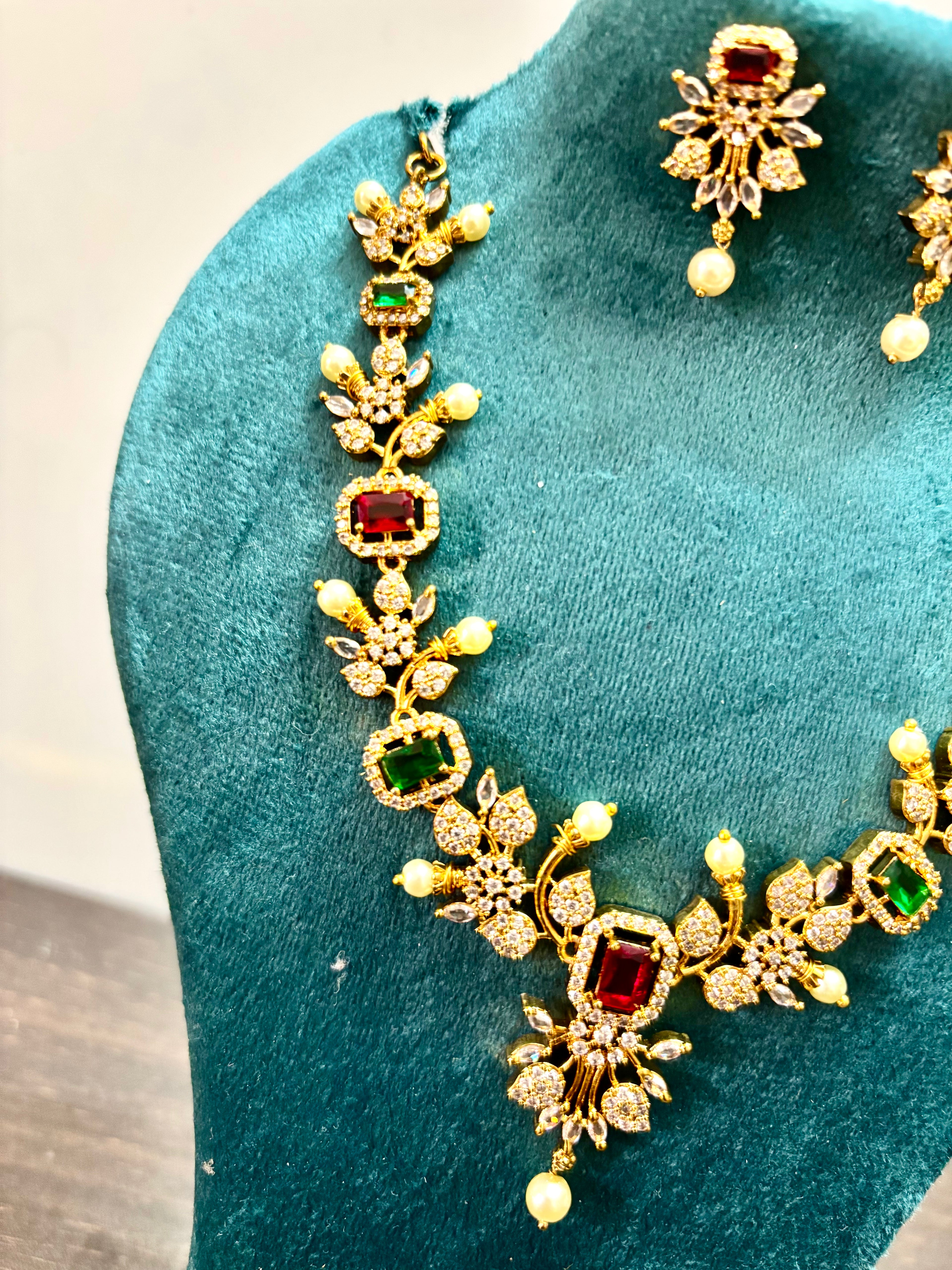 CZ stone Multi colour AD stone necklace with Pearl detailing-KJ- GP143