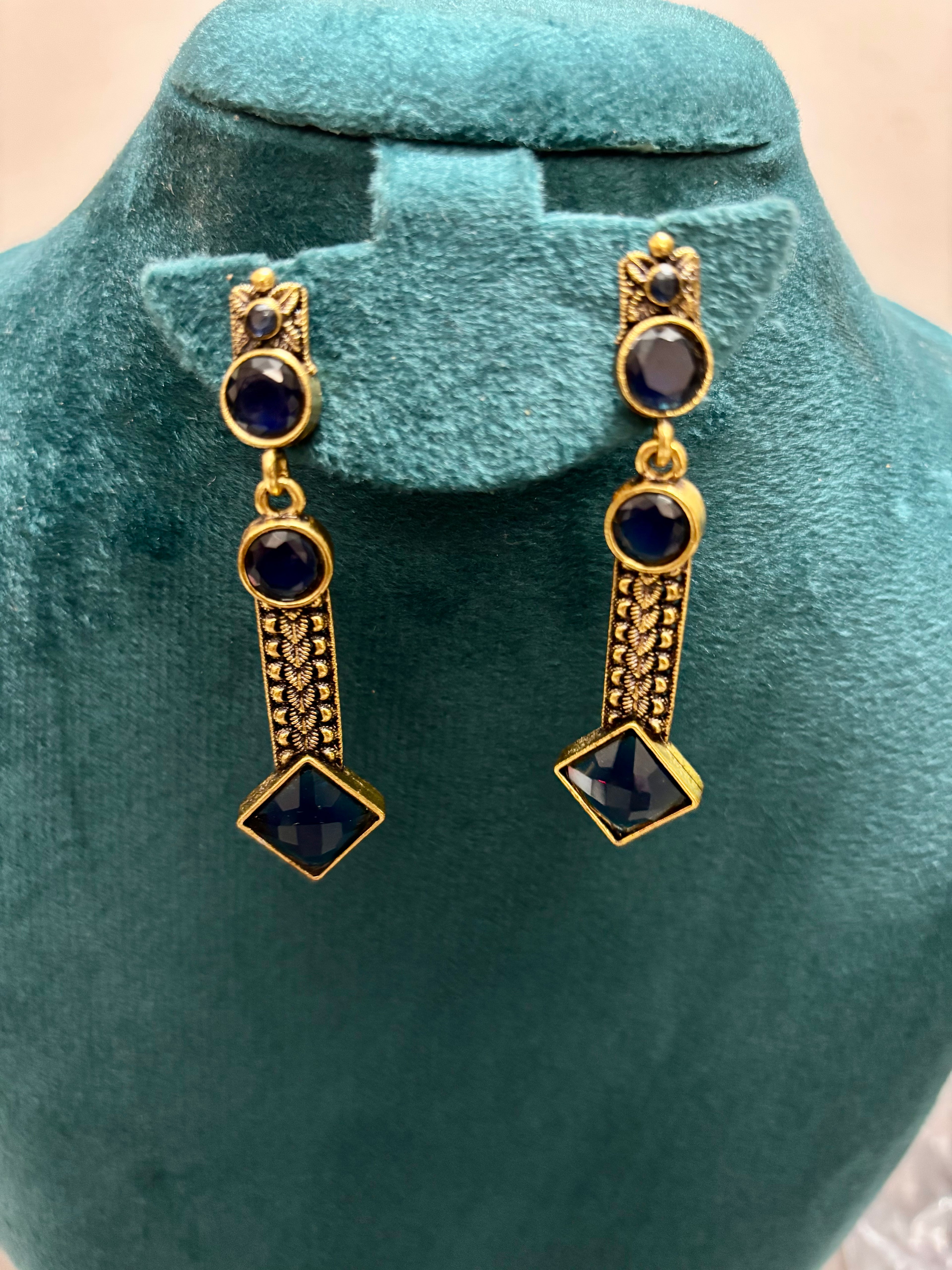 Antique Gold finish Blue AD stones Earrings-KJ- TK059